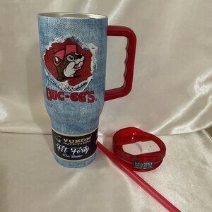Buc-Ees Denim Design Stainless Steel Tumbler With Handle & Straw 40 Oz Yukon Out